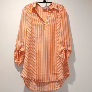 Chico's Tunic Top Orange Stripe V-Neck 3/4 Sleeve M